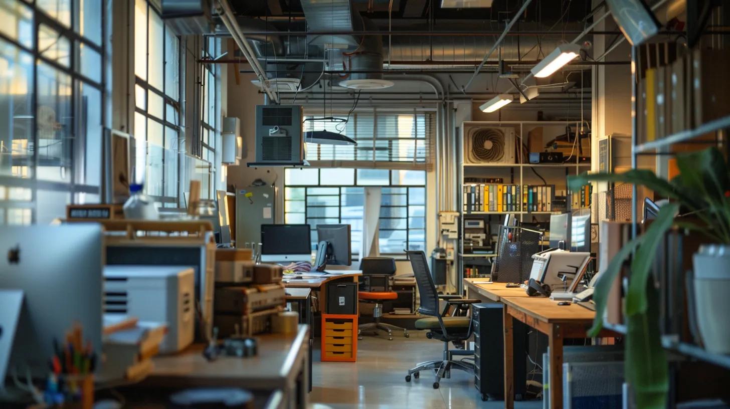 a modern office environment features a distressed hvac unit prominently displayed, with an array of technical diagnostics and maintenance tools strategically arranged around it, highlighting the critical issues faced by businesses.